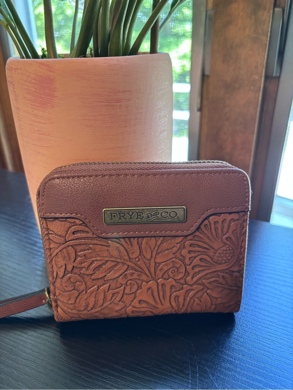 Frye and Co Embossed Leather Zip Wallet in Brown